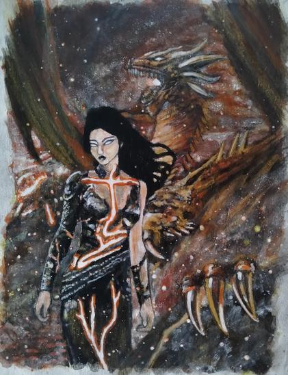 a painting of a woman with a red screaming dragon behind her, a volcano behind a lake of lava behind them, she is wearing a black dress of tat with a flaming cross with a bend and diagonal streak at the bottom, she is seen from her knees up, looking to the left