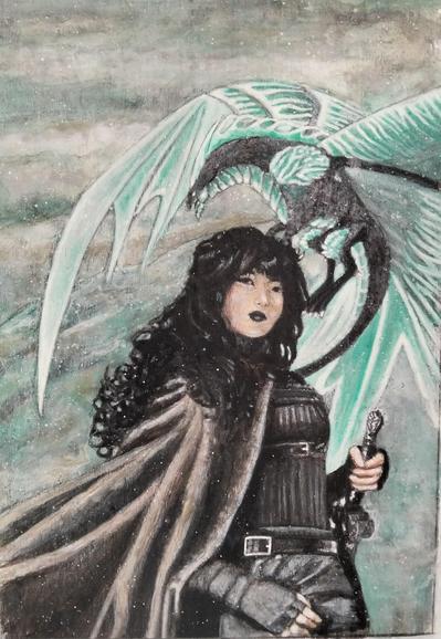 a painting of a woman standing in front of a mountain, a big turquoise and white and black dragon behind her, she is standing in a contrapposto stance, looking at the viewer, her cape flying , snowflakes falling