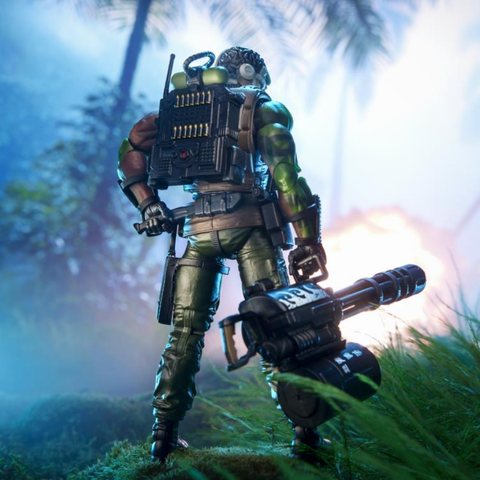 an action figure, seen from behind in a foggy jungle wetlands type of setting, he is holding a large turret gun , like the ones fired from helicopters, in his hand, he is seen from behind, a backpack on his back, he is drawing a knife from his belt 