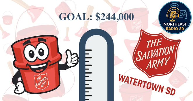 Cartoon Salvation Army kettle with smiling face gives thumbs up. Text: Goal: $244,000. Salvation Army and Watertown SD logos. Thermometer graphic.