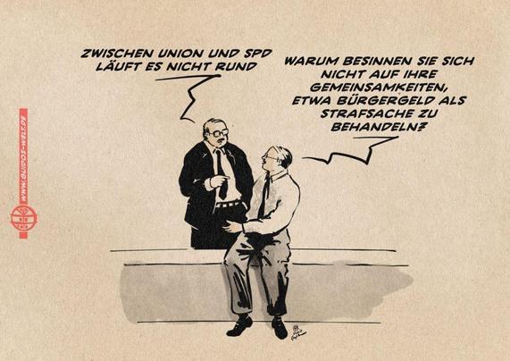 Illustration zweier Menschen im Gespräch. Der eine sagt: Zwischen Union und SPD läuft es nicht rund. Der andere entgegnet: Warum besinnen sie sich nicht auf ihre Gemeinsamkeiten, etwa Bürgergeld als Strafsache zu behandeln?