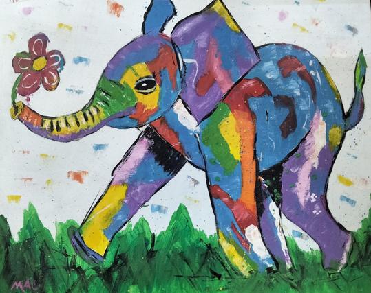 a painting of an elephant, its body a rainbow of different colors, it is holding a flower in its trunk, the sky white with small dabs of different colors here and there