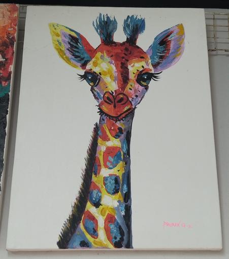 a painting of a giraffes head against a white background, painted in a whimsical childlike style, very colorful, a cute look on the giraffes face
