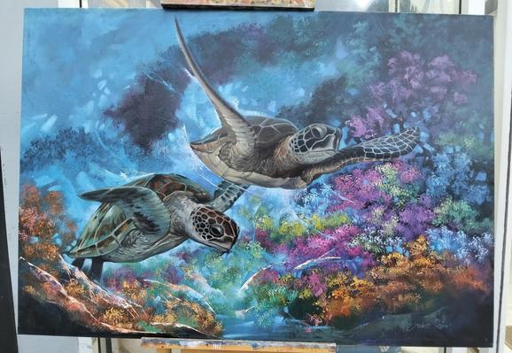 a painting of two sea turtles seen from the front, swimming to the right of the viewer, colorful coral gardens all around them, many different fish and jellyfish of differing sizes and colors darting around in the cool blue waters around them 