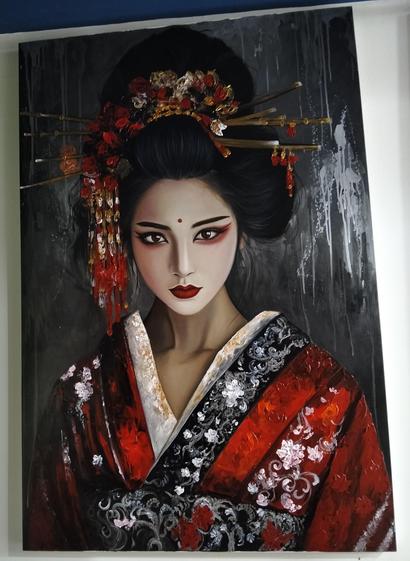 a painting of a northeast asian woman looking at the viewer, her hair pinned up, looking at the viewer with an intense expression, a grey background with white and black splatter and drip effects , her robe is red, black and white with white floral designs