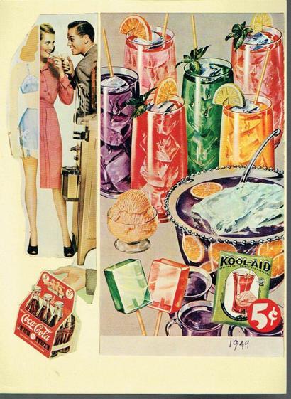 a collage, in the upper left is a man talking to a woman, half of her body showing her undergarments, the other half dressed,  on the right side in a larger plane are many sodas with different colored liquids in them, lemon slices and straws in them, at the bottom are ice pops, on the left coming out is a hand holding a six pack of coca cola 