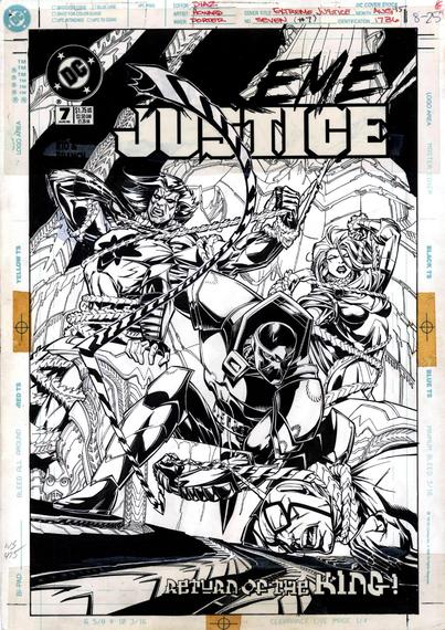a black and white comic book cover before color has been added, it is of monarch, crouching in the front, his tendrils wrapping around the members of the team, at the bottom it reads 'return of the king'. a large building behind them, the title at the top in large letters, the dc comics logo in the upper left corner 