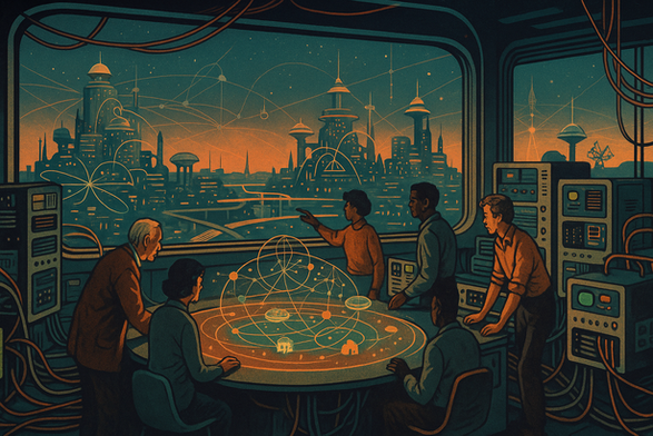 Retro-futuristic control room where a diverse group collaboratively rewires glowing networks above a connected city, evoking democratic, experimental digital pedagogy.