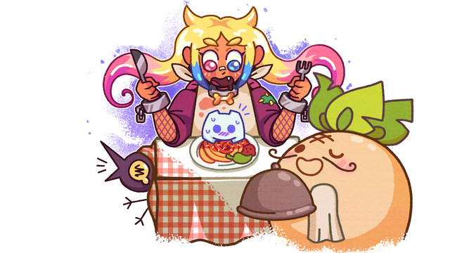 Taffy about to eat a plate of spaghetti with the Discord logo blushing on it. Turnip Boy is french and serving the platter, and a Hob is under the table cawing.