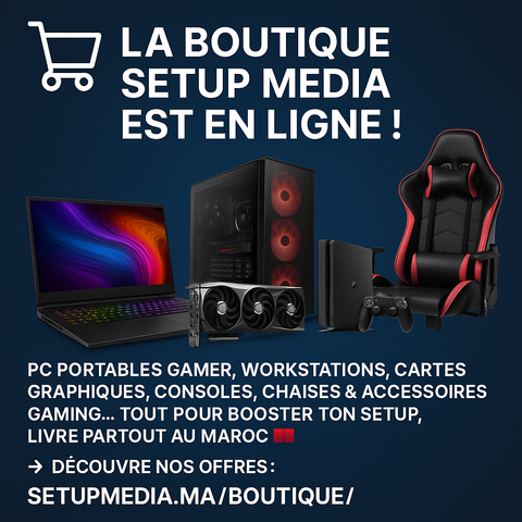 Bannière promotionnelle présentant la boutique Setup Media avec PC gamer, ordinateur portable, carte graphique, console et chaise gaming, accompagnée du texte annonçant l’ouverture de la boutique en ligne.