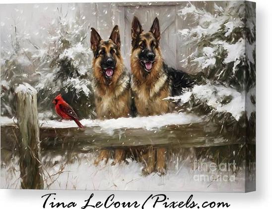 This is a canvas of two beautiful german shepherd dogs in the snow guarding the family barn behind a wooden fence with a little red cardinal bird perched on the fence. 