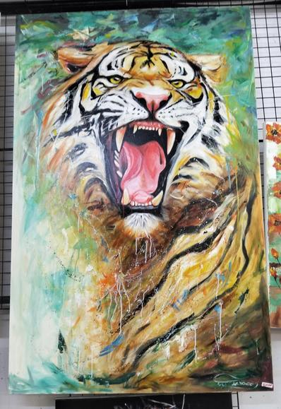 a painting of a tiger cat, seen from it shoulders up, baring its teeth, blurred foliage behind it, splatter and drip effects on it, a fearsome and energetic painting 