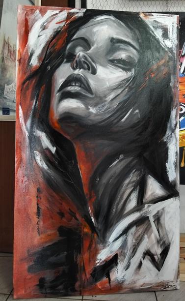 a painting done in black and white with some red, a slender young woman with her head tilted back, seen from the side from her chest up 