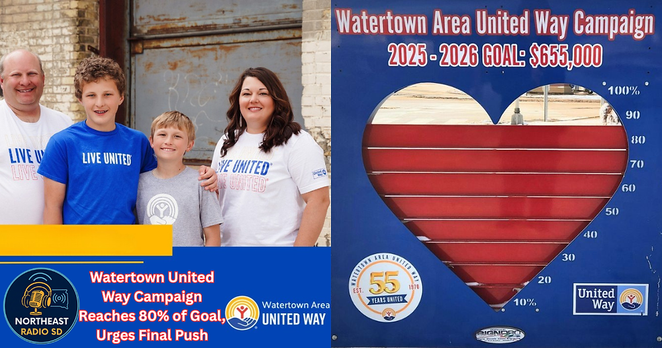 Family in "Live United" shirts poses beside goal chart for Watertown United Way campaign, showing 80% achieved. Red heart, various logos.
