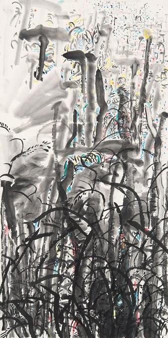 a painting of dense foliage against a white background, dabs of blue green and yellow here and there, an abstract vegetation scene, done in east asian ink painting style