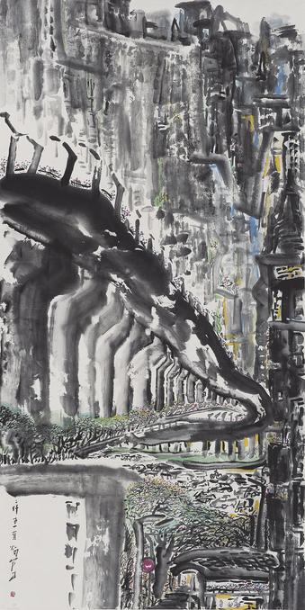 a painting , it is a large street building seen at an angle, very dense ink painting 