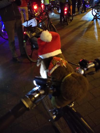 Nachtaufnahme. Plüsch-Elch Gunvald, heute mit rot-weißer Weihnachtsmütze, auf dem Fahrradlenker. Im Hintergrund weitere Fahrräder. 