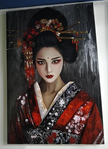 a painting of a woman seen from her torso up wearing a red kimono, floral embellishments in white on it, she is looking at the viewer, ornaments in her hair that is pinned up, looking at the viewer, the background is stone grey with white and black drip and scuff effects 