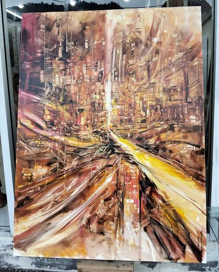 a blurred cityscape painting, energy whirling from the lower center of it, it is tinted amber 