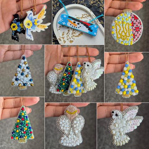 A collage of nine photos featuring elegant handmade Christmas decorations made of beads. Among them: two dove pendants, a snowman bracelet made of beads, a round ornament with a pattern resembling the Ukrainian flag and embroidery, four Christmas trees made of multi-colored beads, and three angel (or dove) pendants made of white beads.