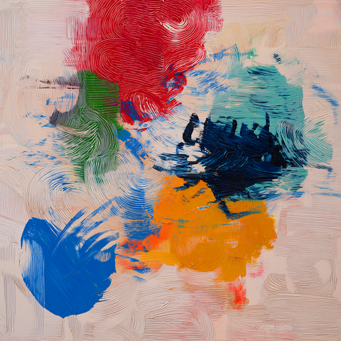 This abstract piece radiates movement and rhythm through its deliberate, swirling brushstrokes. Bold patches of color — vivid red, cobalt blue, rich green, deep navy, and warm orange — interact like a visual symphony, each maintaining its own energy while blending into a cohesive whole. The artist’s technique of using concentric, textured strokes creates a sense of vibration or rotation, as if the painting itself were in motion. The pale background amplifies the colors’ intensity, giving them the illusion of floating in space.