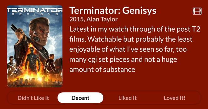 Movie poster for "Terminator: Genisys" with Arnold Schwarzenegger and others holding guns. Red background with white text.