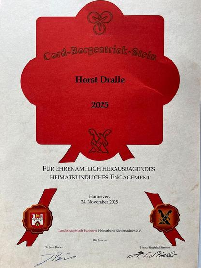 Bild 2: Urkunde Cord-Borgentrick-Stein 2025 für Horst Dralle