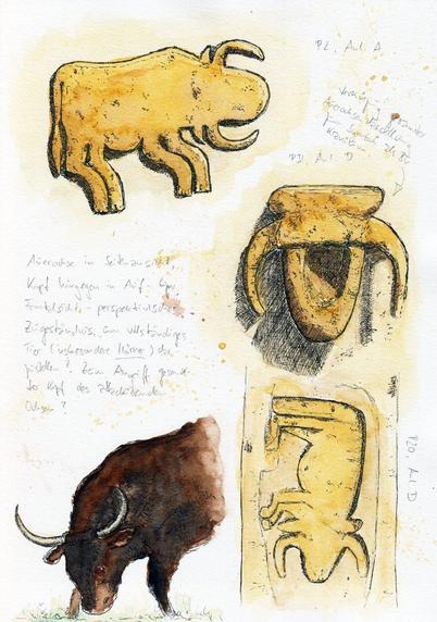 Page with watercoloured ink drawings of different aurochs and aurochs head reliefs carved in stone as well as a quick sketch of a charging aurochs. Handwritten notes are added with a pencil.