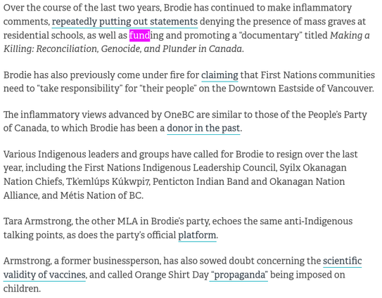 
🇨🇦 What is OneBC, the Far-Right Party Making Headlines in British Columbia?
https://pressprogress.ca/onebc-far-right-bc-party-explainer

The party's two MLAs were both elected as Conservatives, and their constituents are not pleased

https://en.wikipedia.org/wiki/OneBC_(political_party)

* far-right propaganda weaponizing politics in B.C. as in Alberta
* who's funding this? Smacks of corporations, billionaires a la Chip Wilson (Lululemon billionaire; far-right racist political democracy subversive: Take Back Alberta | Vancouver is Dying copaganda film ...)