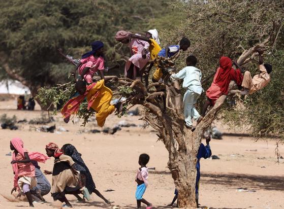 Sudanese refugee children from #Darfur play and jump from a tree.