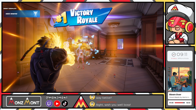 A screenshot from Monz Mont's stream. He has achieved another Victory Royale in the Blitz Royale mode of Fortnite.