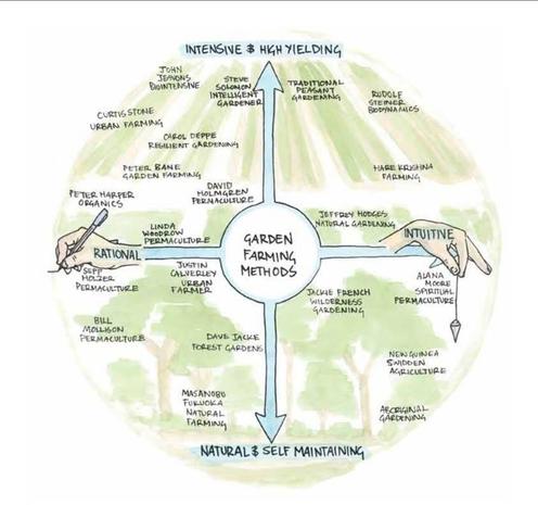 A diagram locating a number of the major permaculture writers along two spectrums. The horizontal axis goes from rational at one end (Sepp Holzer) to intuitive at the other (Alana Moore). The vertical axis goes from intensive and high yielding at the top (Steve Solomon) to natural and self  maintaining at the bottom ( Fukuoka)
