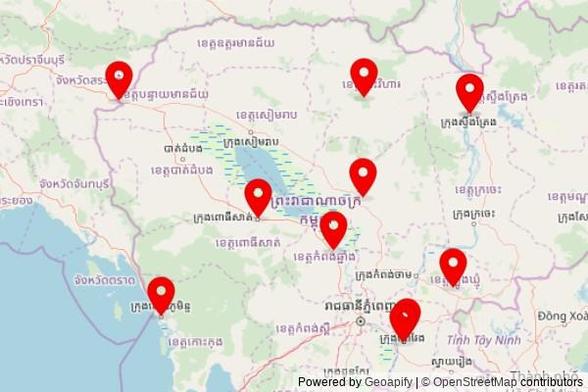 A map showing every place of worship we have visited so far in Cambodia including:
Catholic Church Koh Kong in Khemara Phoumin Municipality
Born Bin Dey Pagoda in Stueng Saen
Porthiserey in Prey Veng
Pouthi Raingsey in Prey Veng
វត្តខិត្តយារាម in Stung Treng
វត្តដំបូកខ្មៅ ភ្នំត្បែងមានជ័យ in Preah Vihear
ប្រាសាទ​ជើង​អង្គ in Tbong Khmum
វត្តពលិសមព្វតារាម ភ្នំសន្ទូច in Kampong Chhnang
វត្តខិត្តយារាម in Stung Treng
វត្តពាលញែក in Pursat
ព្រះសហគមន៍ កាតូលិក ប៉ោយប៉ែត in Poipet