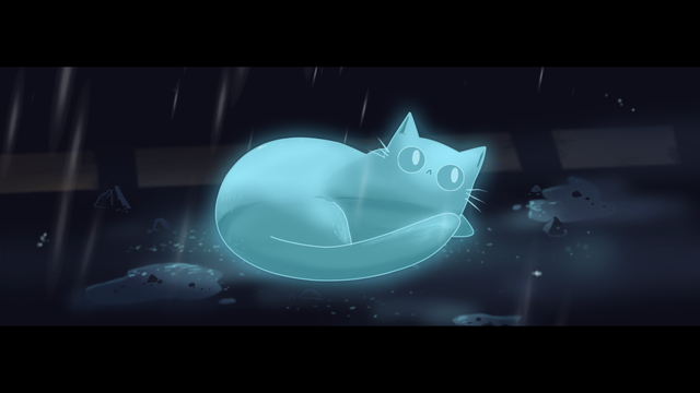 Nighttime. Rain falls on a road. The ghost of a cat can be seen there.