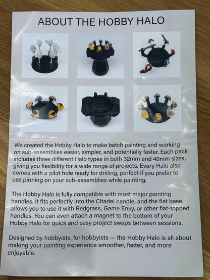 An informational flyer about the Hobby Halo, detailing its purpose for batch painting and working on sub-assemblies. The design features images of different Halo types in various sizes (32mm and 40mm), showcasing their functionality.