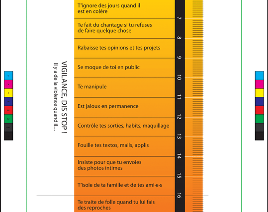 Si l'une des phrases concerne votre relations amoureuse : vigilance, dites Stop  (ex : à la maison des femmes).

violentomètre via France 3