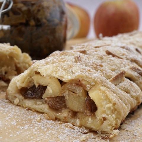 Part of an apple strudel showing the filling. 