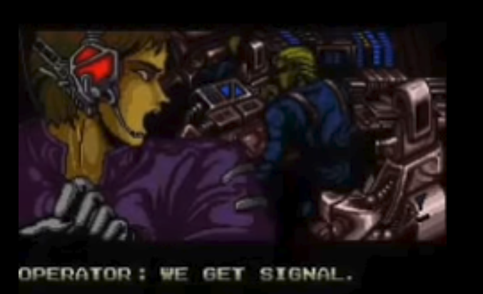 screenshot from english version of Zero Wing, showing a crew member yelling at the captain in the background
text in all caps: "operator: we get signal."