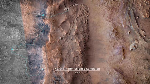 A colorful map of the surrounding of the westernmost section of the rim of Jezero Crater on Mars. A title reads Northern Rim Science Campaign 2025. A rover-looking icon gives the current position of Perseverance. A dashed line indicates its planned route, that goes through three labelled sites: Witch Hazel Hill, Lac de Charmes, and Singing Canyon.
Credit: NASA/JPL-Caltech/ESA/University of Arizona