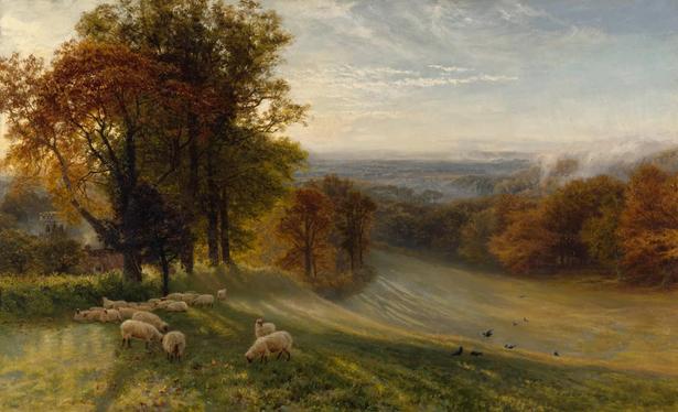 Autumn Morning
Oil on canvas, 81 x 132 cm, by George Vicat Cole, 1891
The Royal Academy of Arts, London
Golden autumn trees stand watch over the valley, as sheep graze while the hillside stretches into the lazy morning.