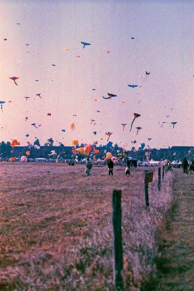 A vibrant field filled with numerous colorful kites of various shapes and sizes flying in a hazy sky, with children and spectators on the ground.