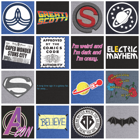 Various designs for my nerdy fandom shirts at Cotton Bureau, including designs for The Orville, Back to the Future, The Iron Giant, Galaxy Quest, Superman '78, the Comics Code Authority, Babrie, the Electric Mayhem, Superman '52, Star Wars, LEGO, Star Trek, Monty Python, Marvel's Avengers, Ted Lasso, Buckaroo Banzai, and Batman '42.