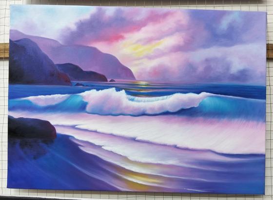 a painting of a beach with mountains surrounding it, done in purples and pinks and gold sunlight and the blue water is bright, calm waves curling , the light reflecting off the wet sand of the beach