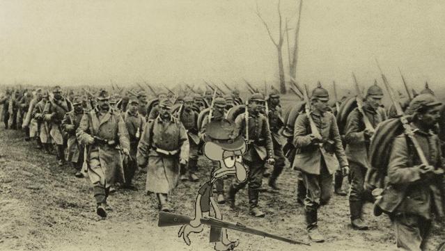 An edited image of German soldiers marching in World War I, edited to feature Squidward Tentacles walking along, wearing a pickelhaube helmet and holding a Gewehr 98, visibly looking done with the Kaiser's bullshit.