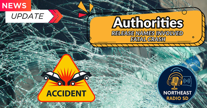 News update image on fatal crash. Broken glass background, "Authorities release names involved" text, caution sign, and radio logo.