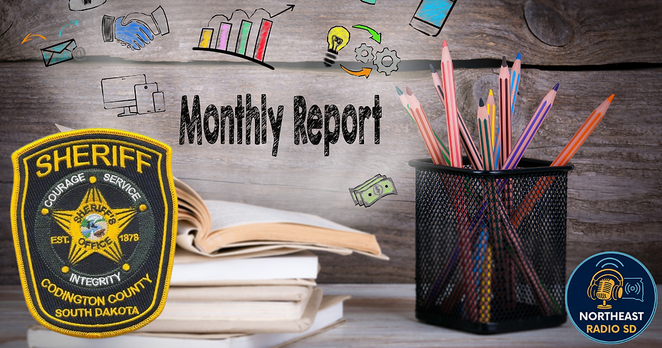 Sheriff badge, open book, colored pencils in holder, and "Monthly Report" text on wood background. Icons of graphs and money illustrate theme.