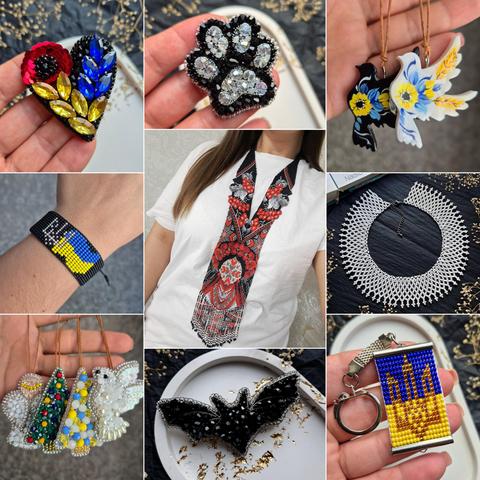 A collage of nine photos showcasing a variety of handmade Ukrainian jewelry. Top: a heart-shaped brooch made of beads and rhinestones in red. vell ow and blue: a brooch in the shape of an animal paw made of white and black beads/rhinestones: a pendant of two oirds painted in a sunflower style (blue and yellow). Middle: a woven bracelet in the colors of the Ukrainian flag (blue and yellow); a woman in a white T-shirt showing off a long beaded necklace with a red and black pattern resembling traditional embroidery; an openwork woven choker necklace made of white beads. Bottom: three angel pendants made of white beads and multi-colored beads: a brooch in the shape of a black shiny bat with beads: a beaded kev chain in blue and vellow depicting the coat of arms, a trident.