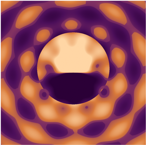 The image is a digitally created, symmetrical, abstract pattern resembling a flower or a mandala. It features concentric layers of rounded, petal-like shapes in shades of orange and deep blue. At the center is a small, dense cluster of orange and blue squares arranged in a grid. Surrounding this core are larger, similarly colored rounded shapes that radiate outwards, with the overall effect creating a sense of depth and flow. The outer edge consists of a pixelated, textured border composed of small orange and blue squares. The entire image is comprised of many small squares, giving it a distinctly digital and somewhat retro aesthetic.