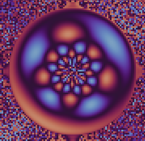 The image is a circular pattern dominated by shades of blue and purple, with hints of orange at the edges. A bright, vertical line runs through the center of the circle, bisecting it into two equal halves. Faint, concentric rings radiate outward from the center, becoming more diffuse towards the edges. Two horizontal lines, similar in brightness to the vertical line, cross the center perpendicularly. The overall texture appears grainy, like static or a close-up of fabric