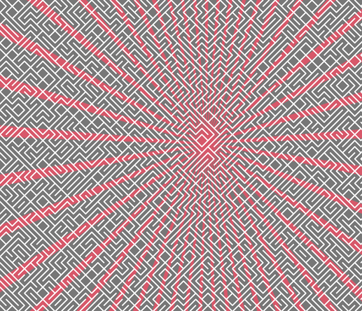 A colorful maze, generated using the 10print method. Picture generation details: screen height: 866, screen width: 1007, primary background color #777777, primary line color: #FFFFFF, using gradient mask ../masks/mask37.png, gradient background color #D8586A, square: 17, width: 3, radiusB: 1, radiusW: 3, effect: 8